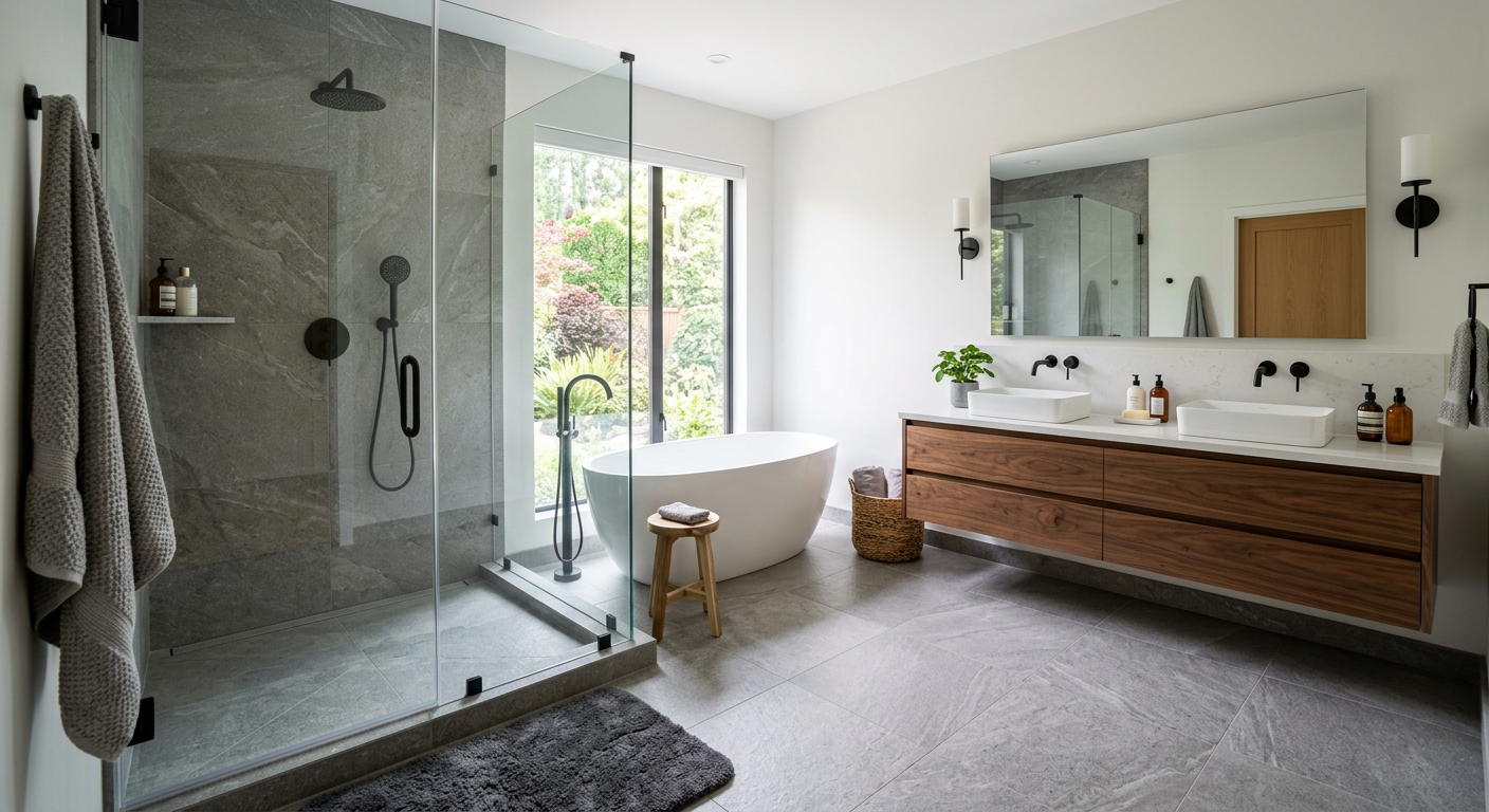 Remodeled modern bathroom with tiled walk-in shower