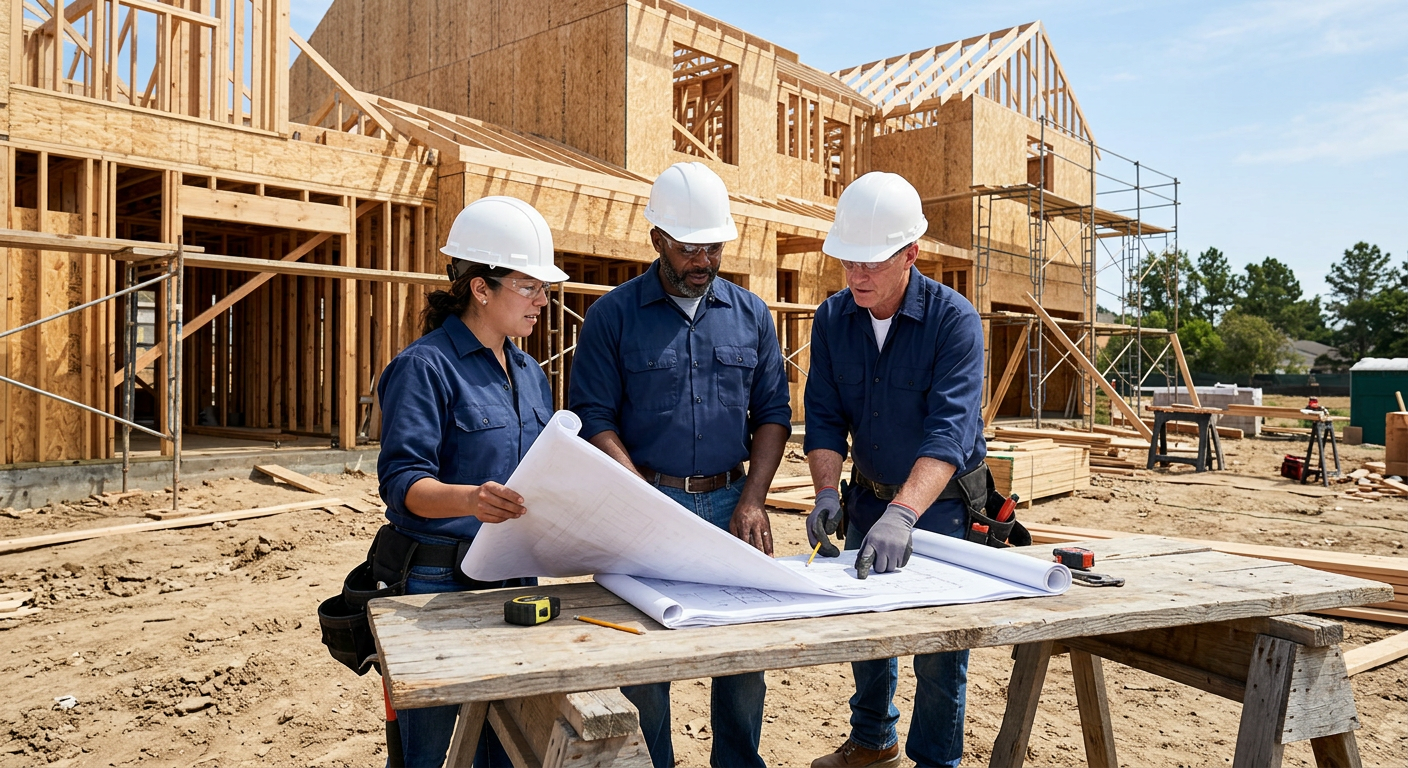 Dan Legacy Construction crew reviewing plans on a jobsite