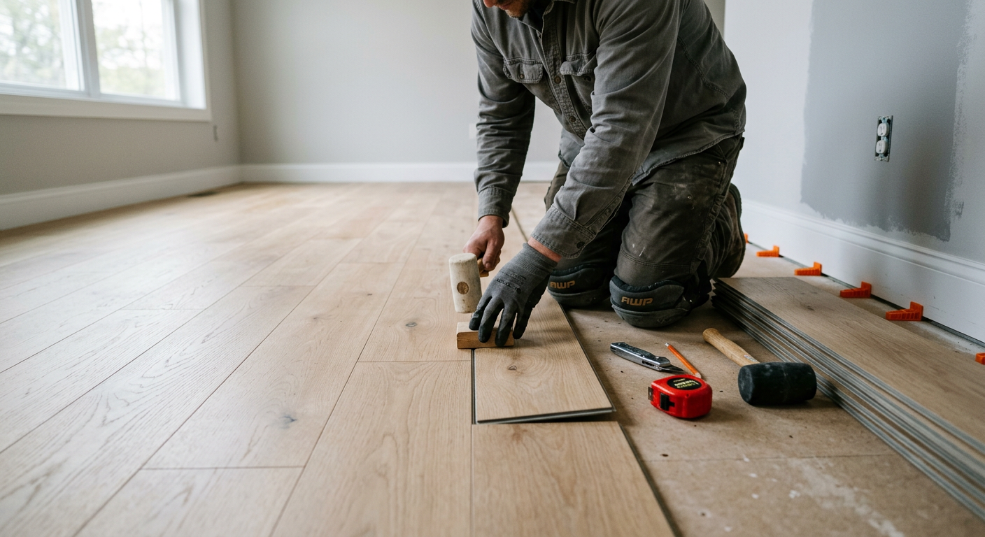 Installer laying wide-plank oak flooring in an empty living room