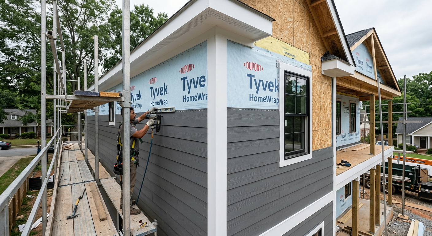 Charcoal fiber cement lap siding being installed on a new home