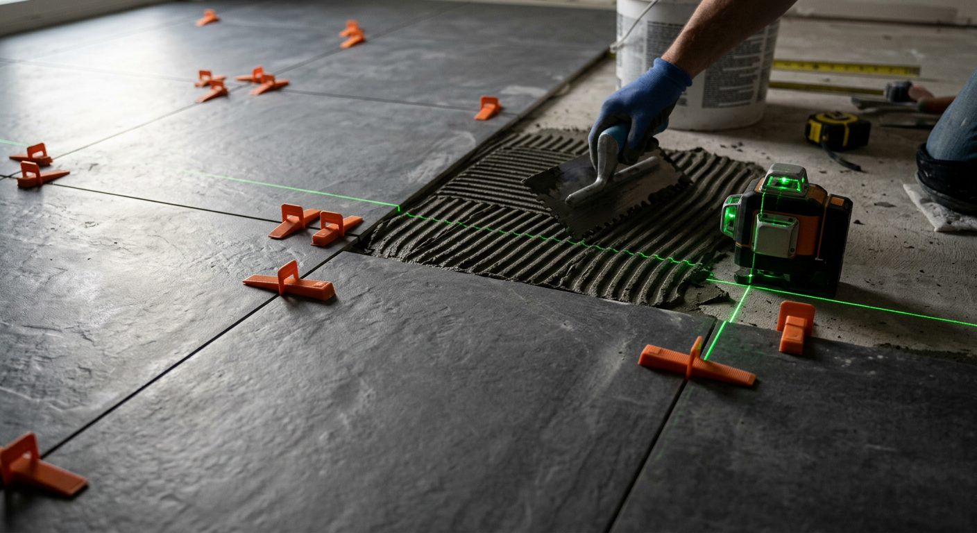 Large-format charcoal porcelain tile with leveling clips and laser level