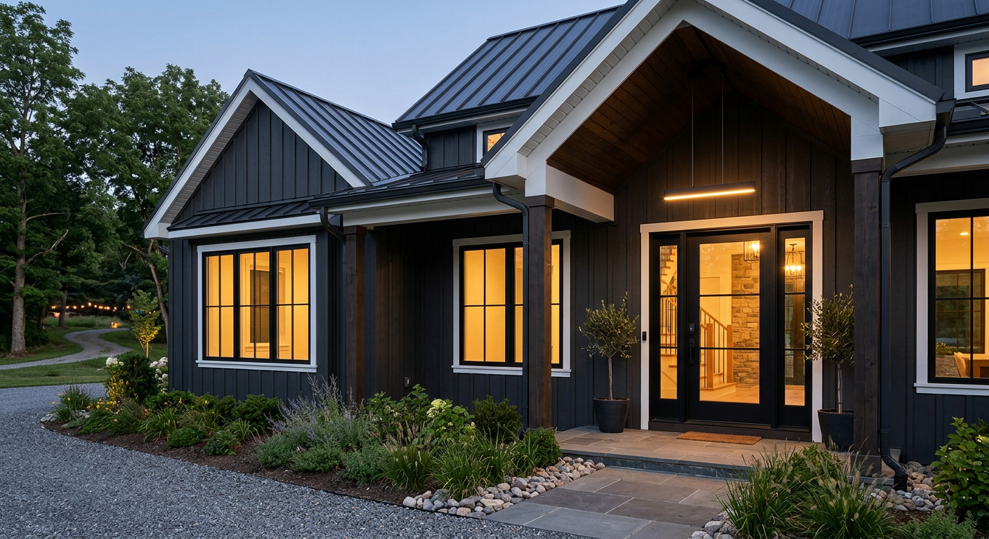 Newly installed black-framed windows and front entry door
